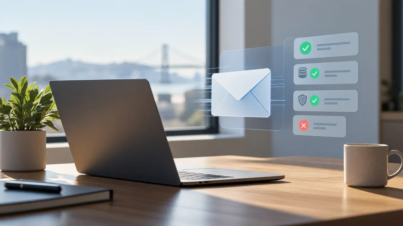 An email on its way out of a laptop, passing a checklist of verification results